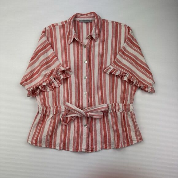 Marc New York Red White Striped Ruffle Sleeve Belted Button Shirt Top S Linen - Picture 2 of 8